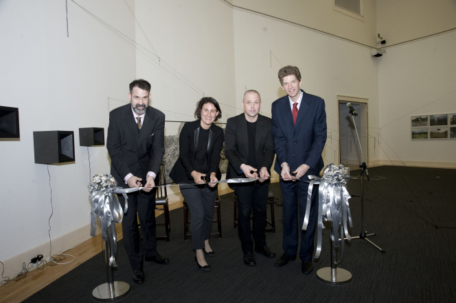 From Left to Right: Dr Harald Peter Kraemer, Associate Professor, School of Creativity Media, City University of HK, Dr Claudia Reinprecht, Consul General, Austrian Consulate General in Hong Kong and Macau, Mr Bernhard Rehn, Guest Curator, Dr Florian Knothe, Director of UMAG, HKU