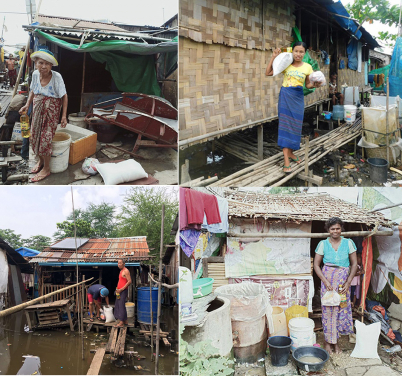 Residents in Dagon Seikkan slum area use buckets and plastic bags to collect rain water for daily uses.
