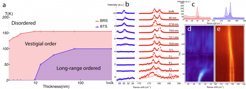 Figure 2. Thickness dependence of signatures in optical Raman quasi-elastic scattering. a, thickness v.s. temperature phase diagram of NiPS3. b, Layer-dependent Raman spectra at T=10 K. c, linearly lairized Raman spectra measured with λ=633 nm at 10 K on bulk NiPS3. The blue (d) and red (e) areas denote the PBTS mode and PBRS mode, respectively. (Image adapted from respective paper)