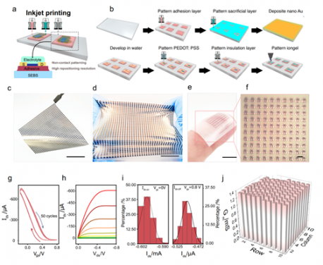 Scalable manufacturing of the soft microelectronics, based on stretchable organic electrochemical transistors.
 